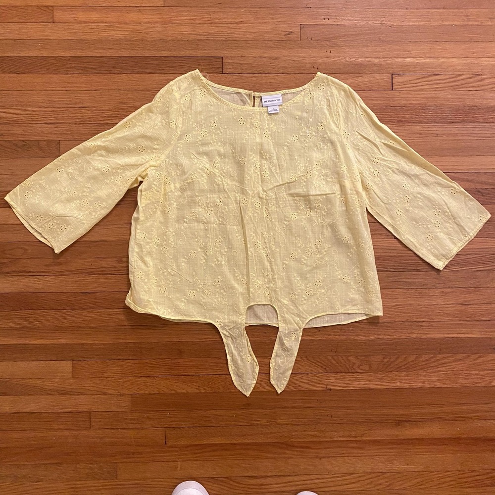 Liz Claiborne Blouse Womens Large Yellow Embroidered Cotton Eyelet Floral Top